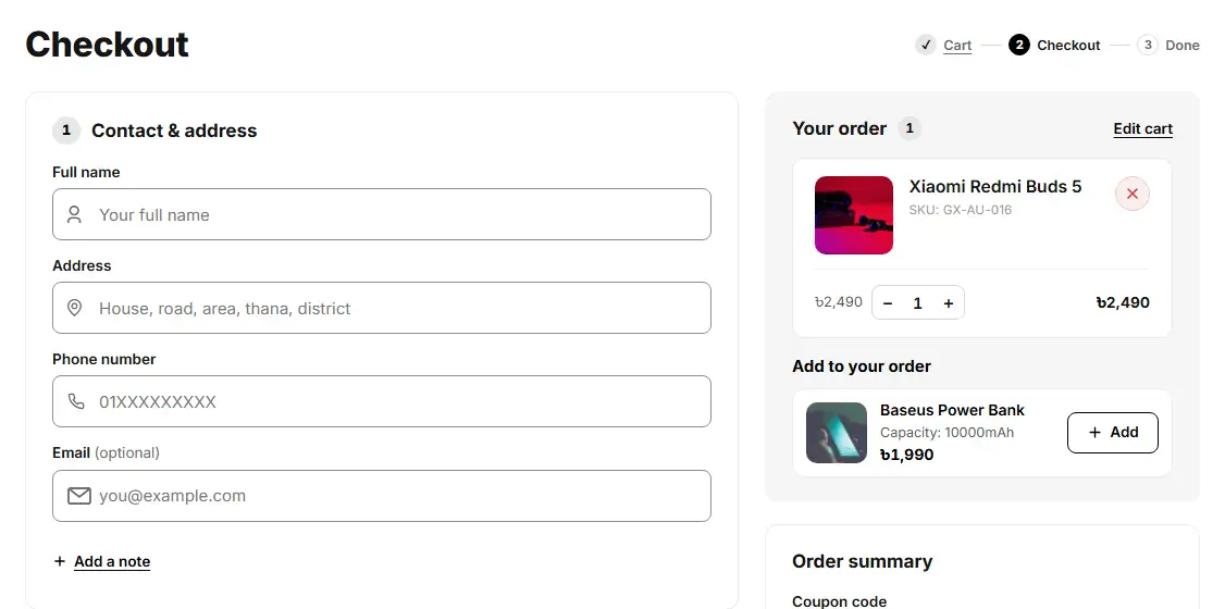 storefront checkout upsell add to order
