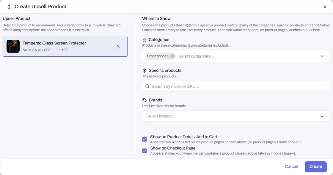 upsell products create dialog