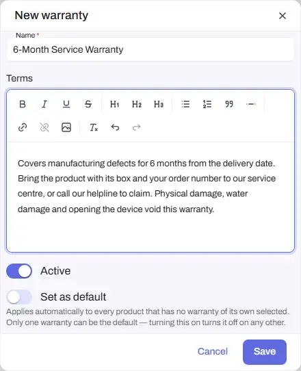 warranties new warranty dialog