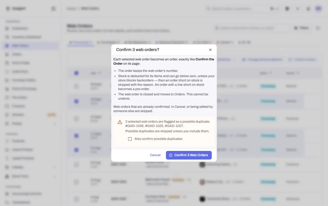 web orders bulk confirm dialog