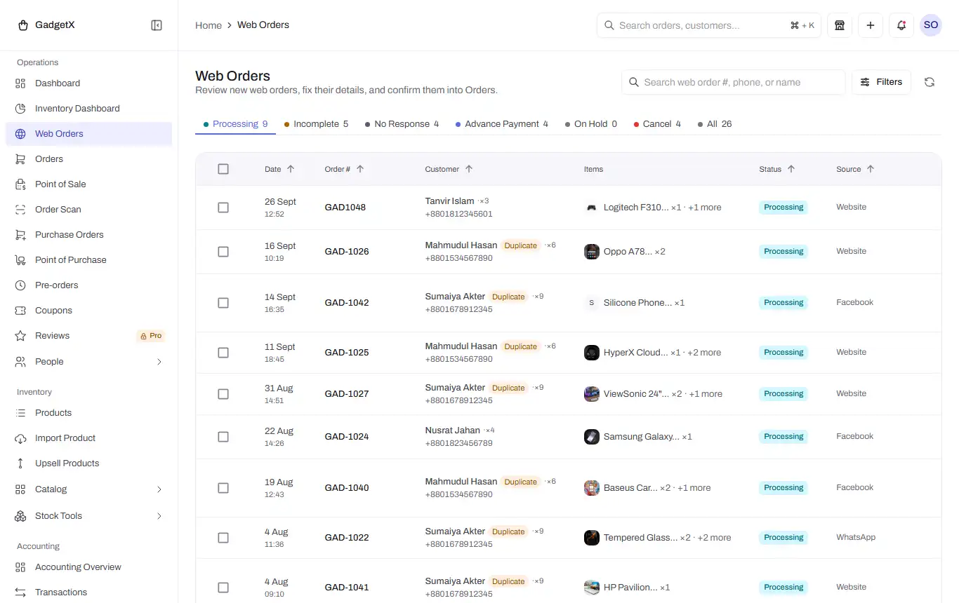 web orders list status tabs