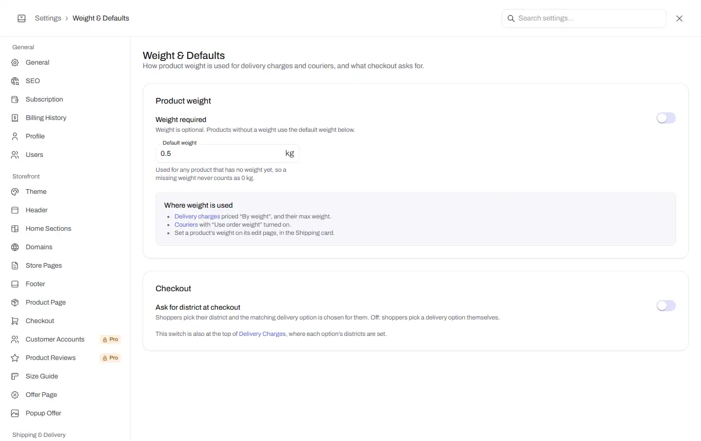 weight defaults settings